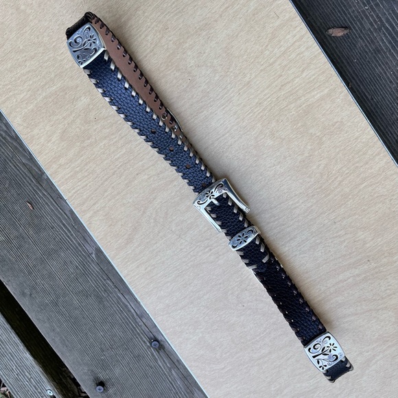 Brighton Women’s Black Leather Belt With Floral Silver Toned Accents Sz 34 - Picture 10 of 16